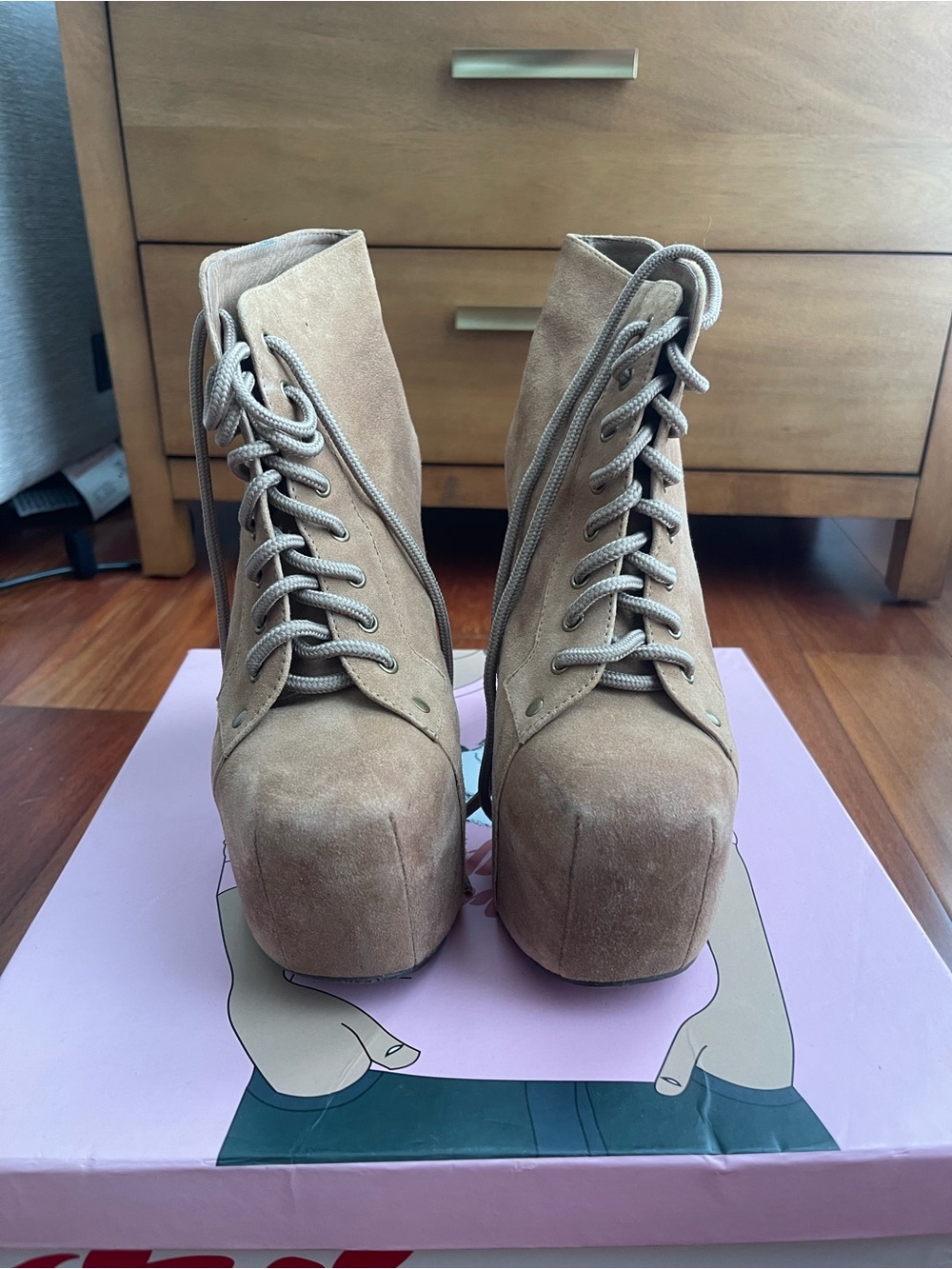 Jeffrey Campbell Taupe Suede Lita Platform Lace-Up Ankle Boots